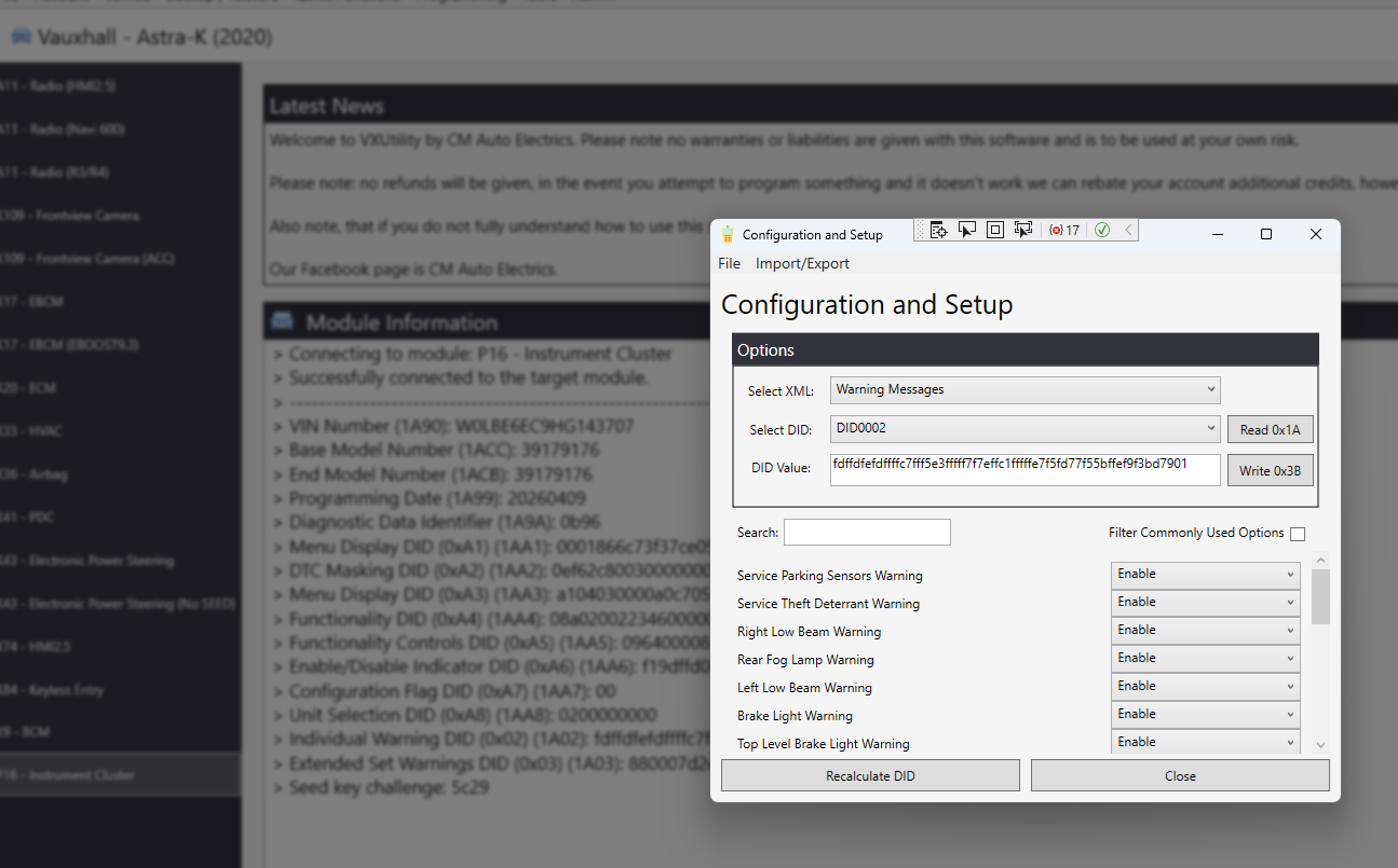Configuration and Setup window listing cluster warnings with Enable options
