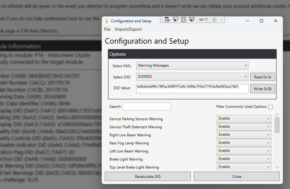 VXUtility Configuration and Setup window connected to an Astra-K instrument cluster, showing warning message options