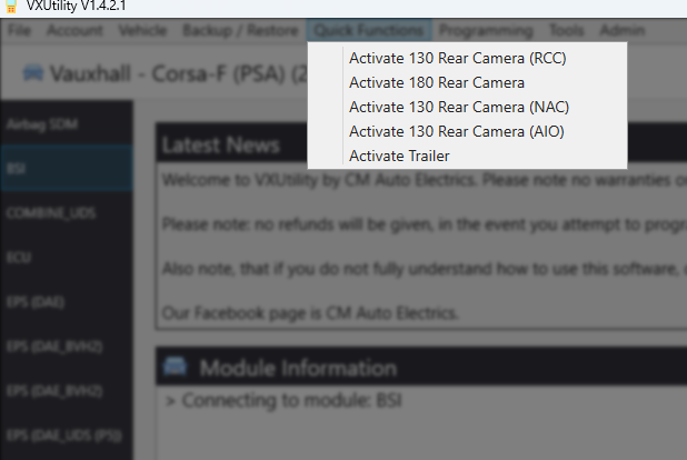 Quick Functions menu with rear camera and trailer activation options for a Corsa-F