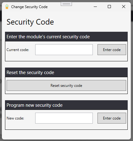 Change Security Code window with current code, reset and new code options